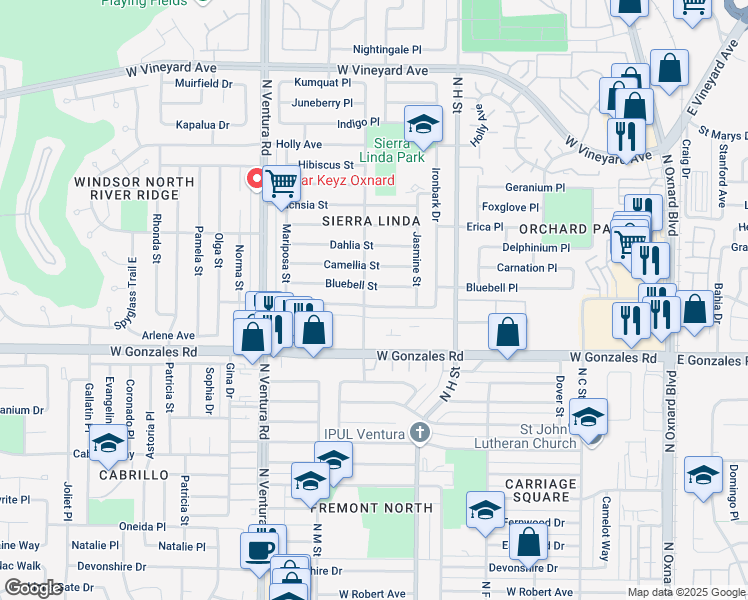 map of restaurants, bars, coffee shops, grocery stores, and more near 1131 Azalea Street in Oxnard