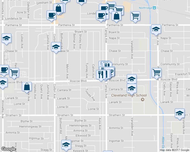 map of restaurants, bars, coffee shops, grocery stores, and more near 8322 Calvin Avenue in Los Angeles