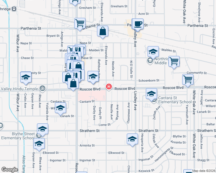 map of restaurants, bars, coffee shops, grocery stores, and more near 18251 Roscoe Boulevard in Los Angeles