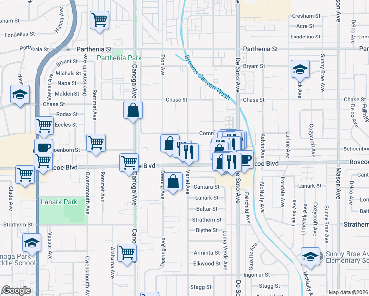map of restaurants, bars, coffee shops, grocery stores, and more near 8343 Variel Avenue in Los Angeles