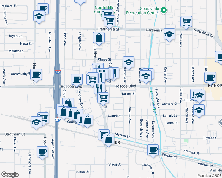 map of restaurants, bars, coffee shops, grocery stores, and more near 8247 Columbus Avenue in Los Angeles