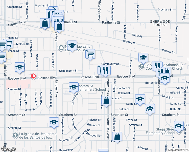 map of restaurants, bars, coffee shops, grocery stores, and more near 17805 Roscoe Boulevard in Los Angeles