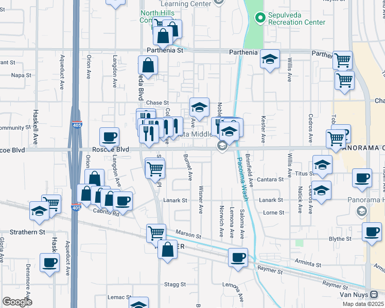 map of restaurants, bars, coffee shops, grocery stores, and more near 15200 Roscoe Boulevard in Los Angeles