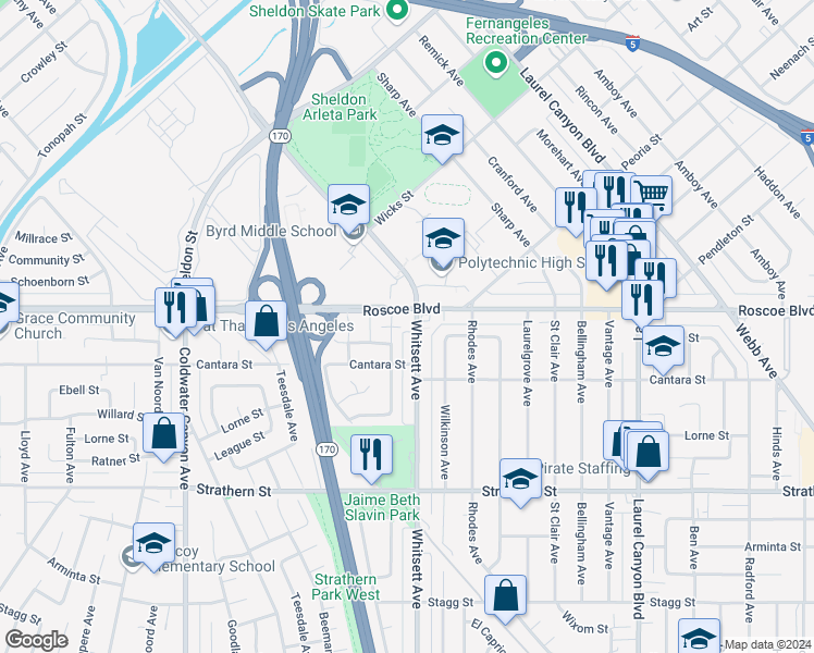 map of restaurants, bars, coffee shops, grocery stores, and more near 8241 Whitsett Avenue in Los Angeles