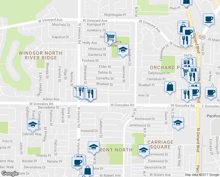 map of restaurants, bars, coffee shops, grocery stores, and more near 1131 Azalea Street in Oxnard