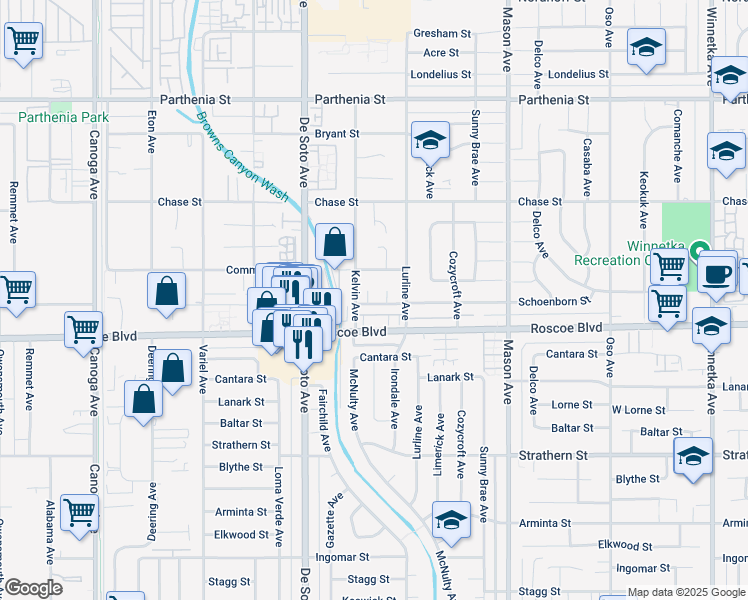 map of restaurants, bars, coffee shops, grocery stores, and more near 8330 McCue Court in Los Angeles