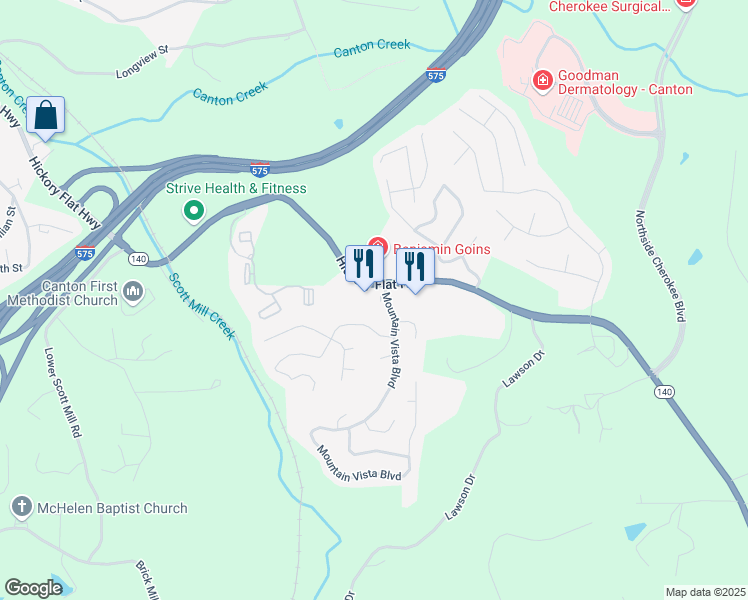map of restaurants, bars, coffee shops, grocery stores, and more near 110 Mountain Vista Boulevard in Canton
