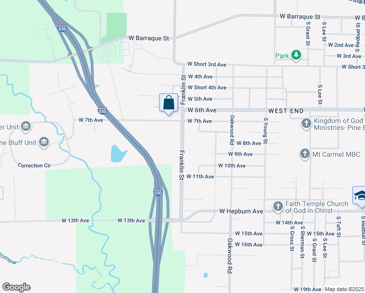 map of restaurants, bars, coffee shops, grocery stores, and more near 799 Franklin Street in Pine Bluff