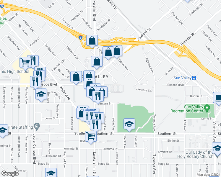 map of restaurants, bars, coffee shops, grocery stores, and more near 8250 Lankershim Boulevard in Los Angeles