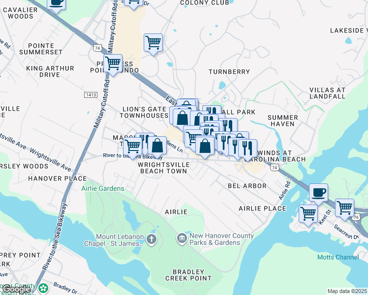 map of restaurants, bars, coffee shops, grocery stores, and more near 1709 Tearthumb Court in Wilmington