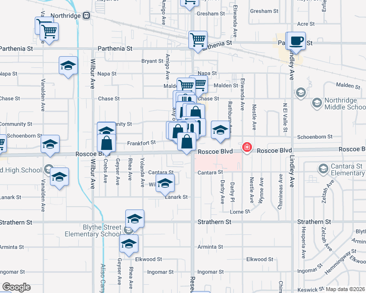 map of restaurants, bars, coffee shops, grocery stores, and more near 18537 Roscoe Boulevard in Los Angeles