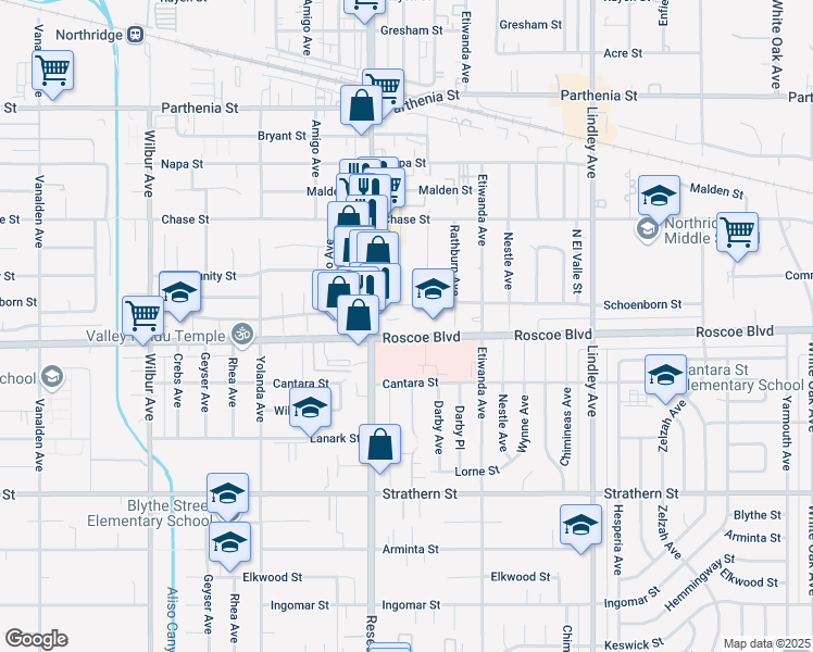 map of restaurants, bars, coffee shops, grocery stores, and more near 18433 Roscoe Boulevard in Los Angeles
