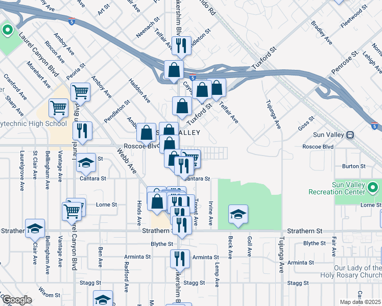map of restaurants, bars, coffee shops, grocery stores, and more near 8250 Lankershim Boulevard in Los Angeles