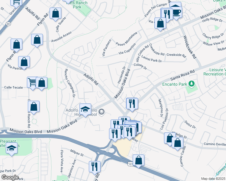 map of restaurants, bars, coffee shops, grocery stores, and more near 468 Aliento Way in Camarillo