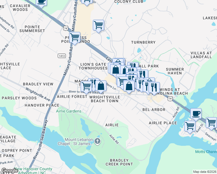 map of restaurants, bars, coffee shops, grocery stores, and more near 6815 Wrightsville Ave in Wilmington