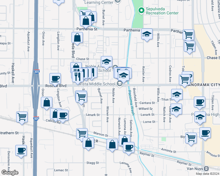map of restaurants, bars, coffee shops, grocery stores, and more near 15132 Roscoe Boulevard in Los Angeles