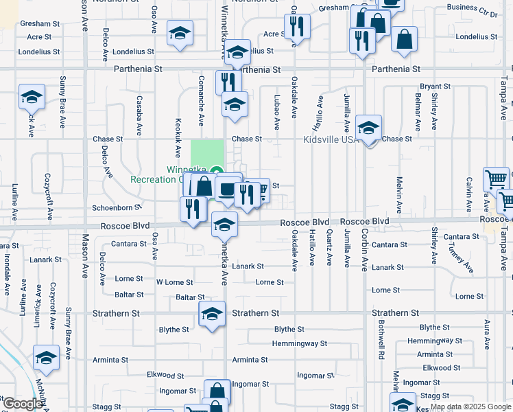 map of restaurants, bars, coffee shops, grocery stores, and more near 8325 Penfield Avenue in Los Angeles