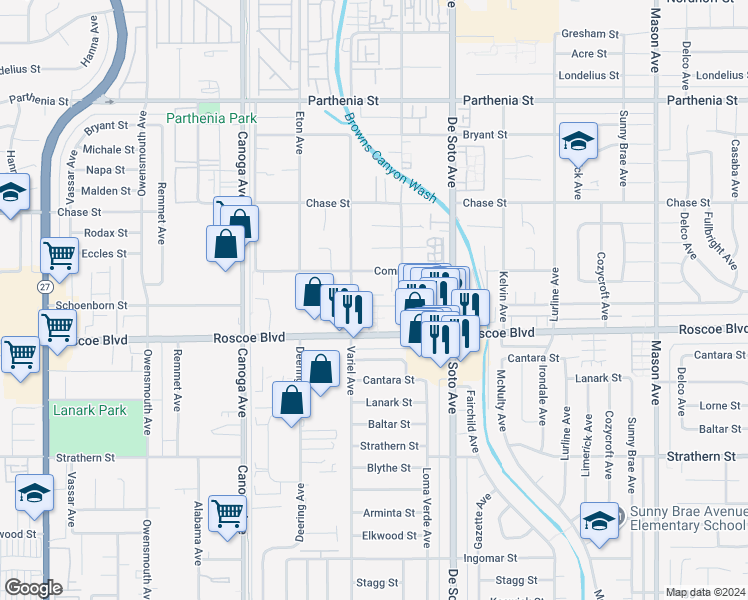 map of restaurants, bars, coffee shops, grocery stores, and more near 21032 Schoenborn Street in Los Angeles