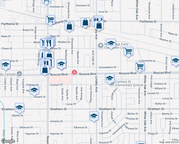 map of restaurants, bars, coffee shops, grocery stores, and more near 18133 Roscoe Boulevard in Los Angeles