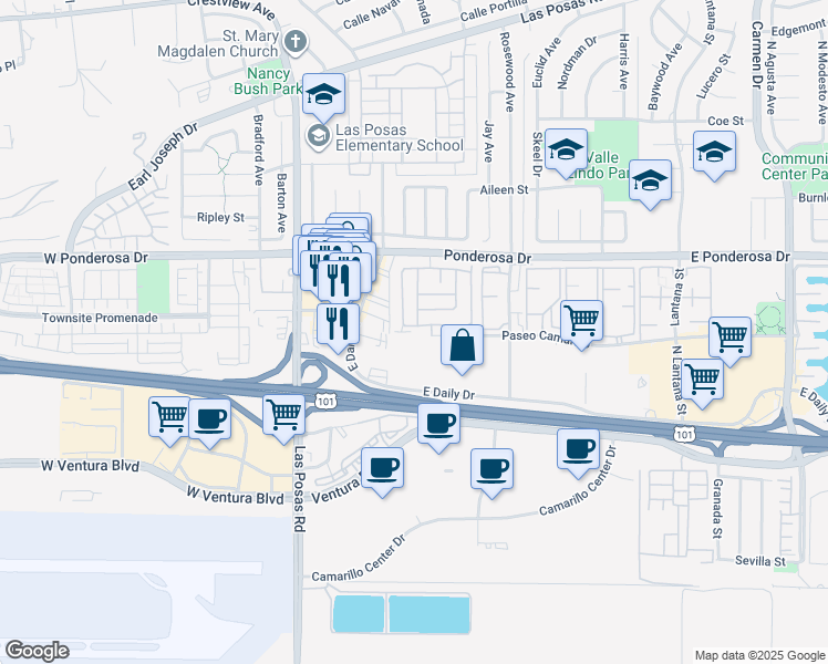 map of restaurants, bars, coffee shops, grocery stores, and more near 380 Paseo Del Valle in Camarillo