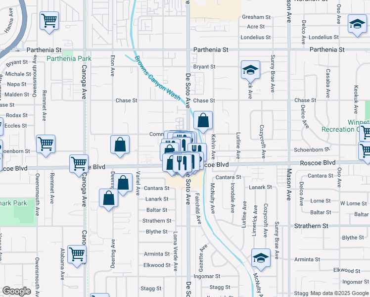 map of restaurants, bars, coffee shops, grocery stores, and more near 2 De Soto Avenue in Los Angeles