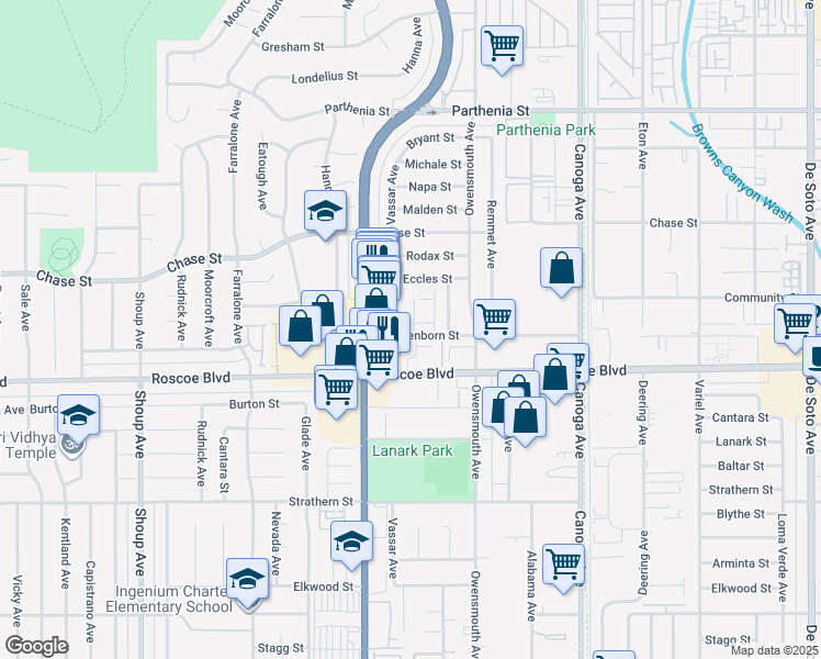 map of restaurants, bars, coffee shops, grocery stores, and more near 8341 Northgate Avenue in Canoga Park