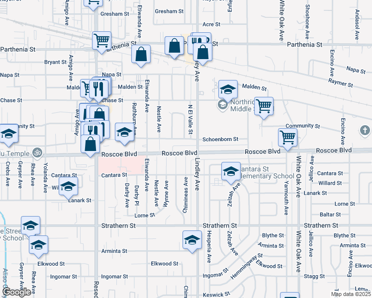 map of restaurants, bars, coffee shops, grocery stores, and more near 18127 Roscoe Boulevard in Los Angeles
