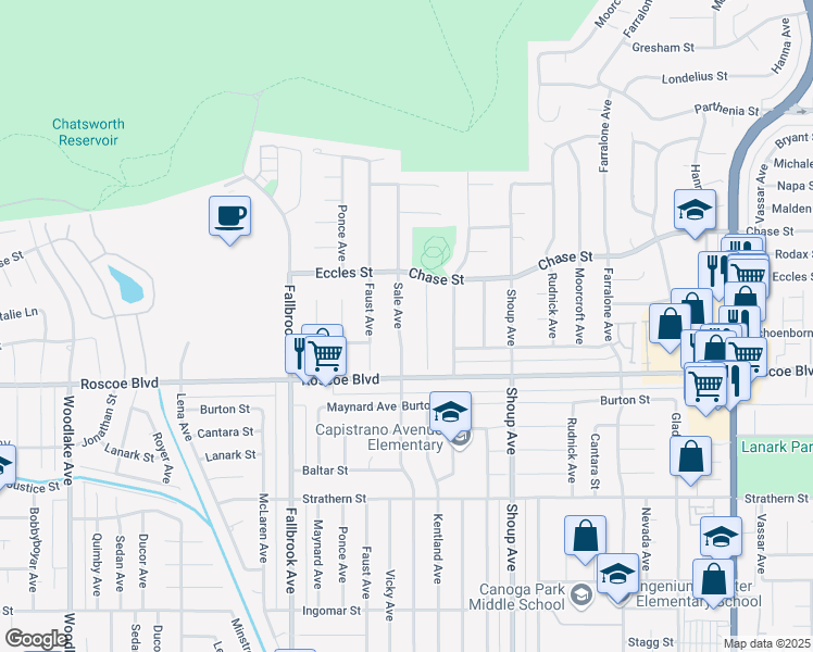 map of restaurants, bars, coffee shops, grocery stores, and more near 8351 Kentland Avenue in Los Angeles
