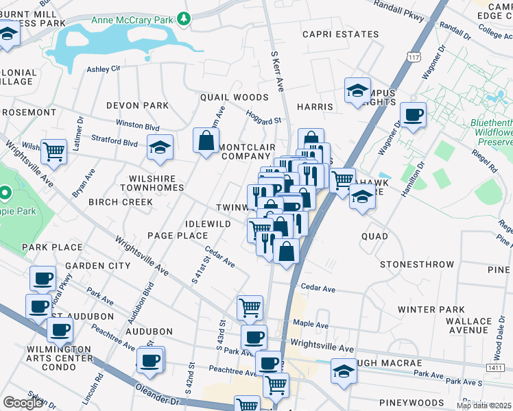 map of restaurants, bars, coffee shops, grocery stores, and more near 803 Varsity Drive in Wilmington