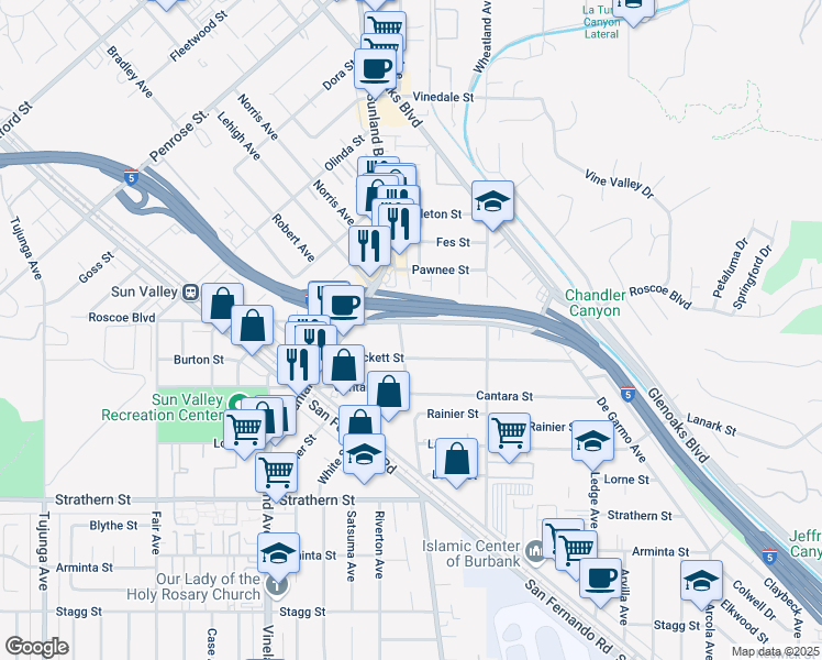 map of restaurants, bars, coffee shops, grocery stores, and more near 8264 North Clybourn Avenue in Los Angeles
