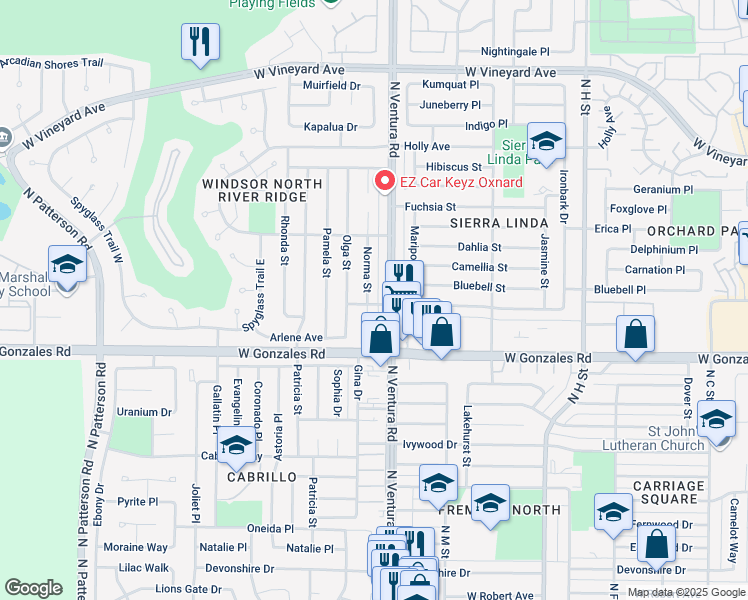 map of restaurants, bars, coffee shops, grocery stores, and more near 2002 Norma Street in Oxnard