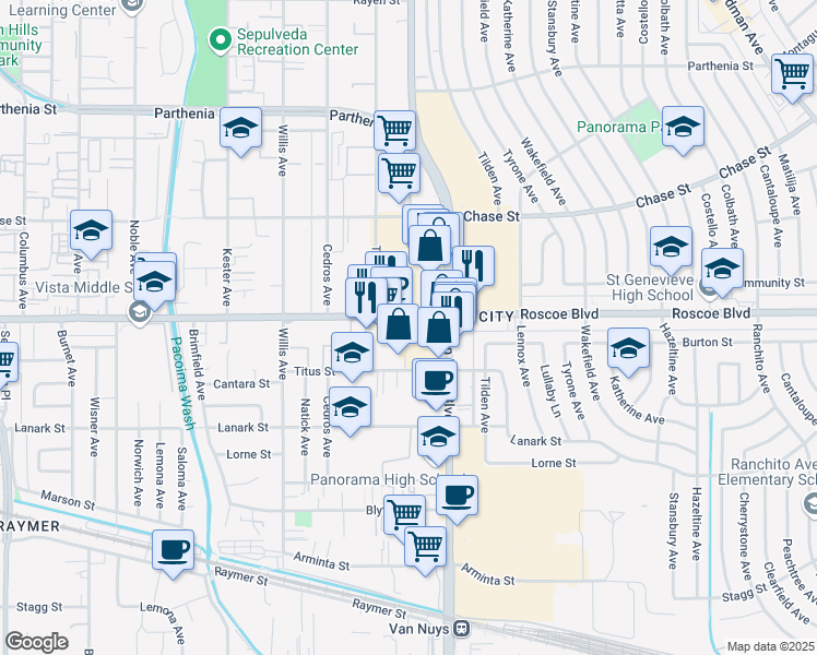 map of restaurants, bars, coffee shops, grocery stores, and more near 14600 Roscoe Boulevard in Los Angeles