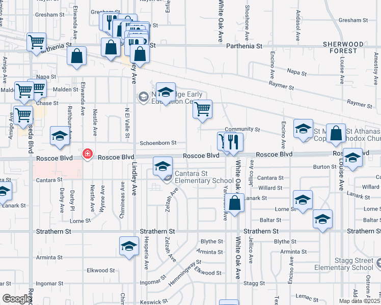 map of restaurants, bars, coffee shops, grocery stores, and more near 8300 Zelzah Avenue in Los Angeles