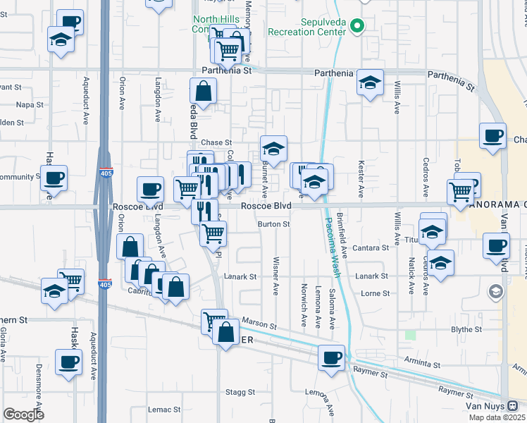 map of restaurants, bars, coffee shops, grocery stores, and more near 15200 Roscoe Boulevard in Los Angeles