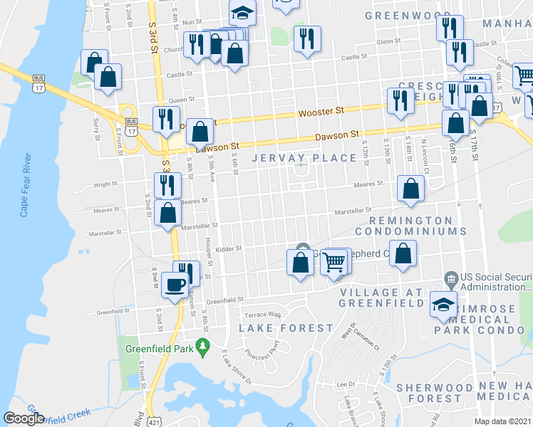 map of restaurants, bars, coffee shops, grocery stores, and more near 1119 South 7th Street in Wilmington