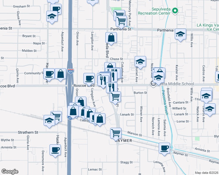 map of restaurants, bars, coffee shops, grocery stores, and more near 15342 Roscoe Blvd in Los Angeles
