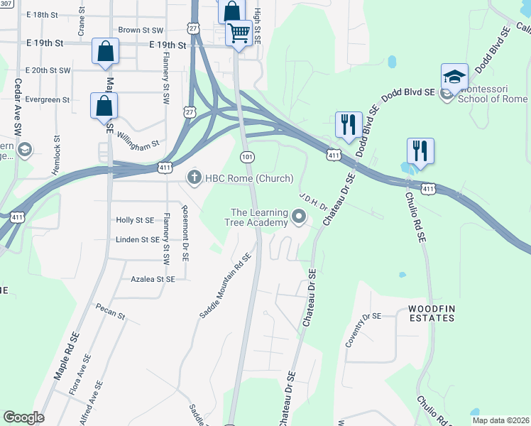 map of restaurants, bars, coffee shops, grocery stores, and more near 2107 Rockmart Road Southeast in Rome