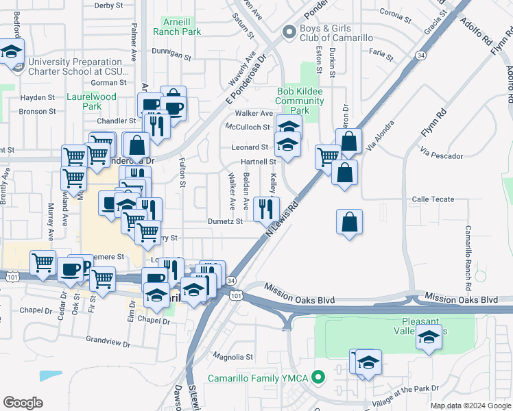 map of restaurants, bars, coffee shops, grocery stores, and more near 451 Merritt Avenue in Camarillo