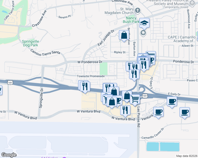 map of restaurants, bars, coffee shops, grocery stores, and more near 201 Stonegate Road in Camarillo