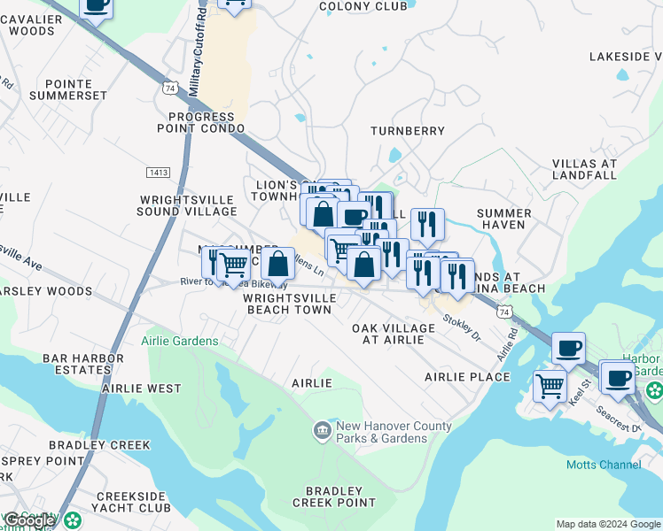 map of restaurants, bars, coffee shops, grocery stores, and more near 1716 Tearthumb Court in Wilmington