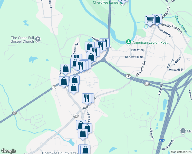 map of restaurants, bars, coffee shops, grocery stores, and more near 350 Herndon Lane in Canton