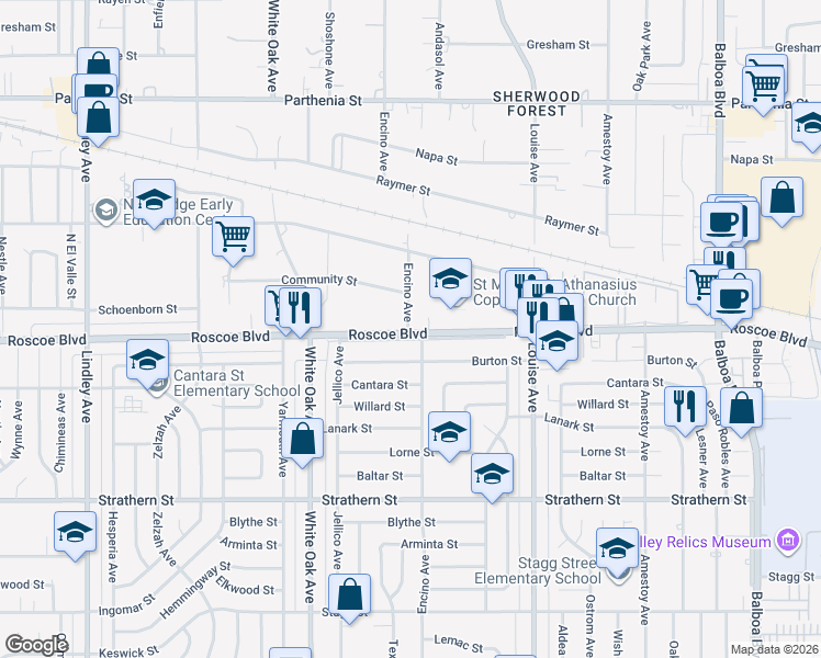 map of restaurants, bars, coffee shops, grocery stores, and more near 8218 Encino Avenue in Los Angeles