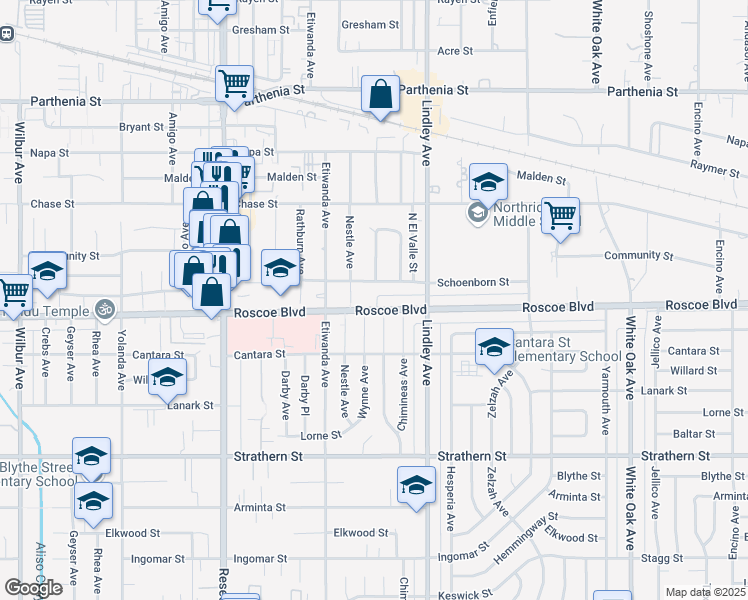 map of restaurants, bars, coffee shops, grocery stores, and more near 18205 Roscoe Boulevard in Los Angeles