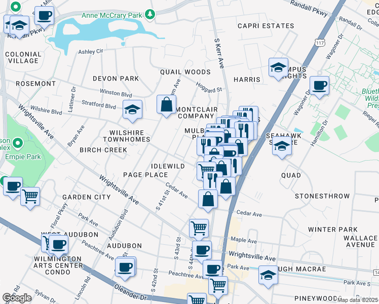 map of restaurants, bars, coffee shops, grocery stores, and more near 4108 Bear Court in Wilmington