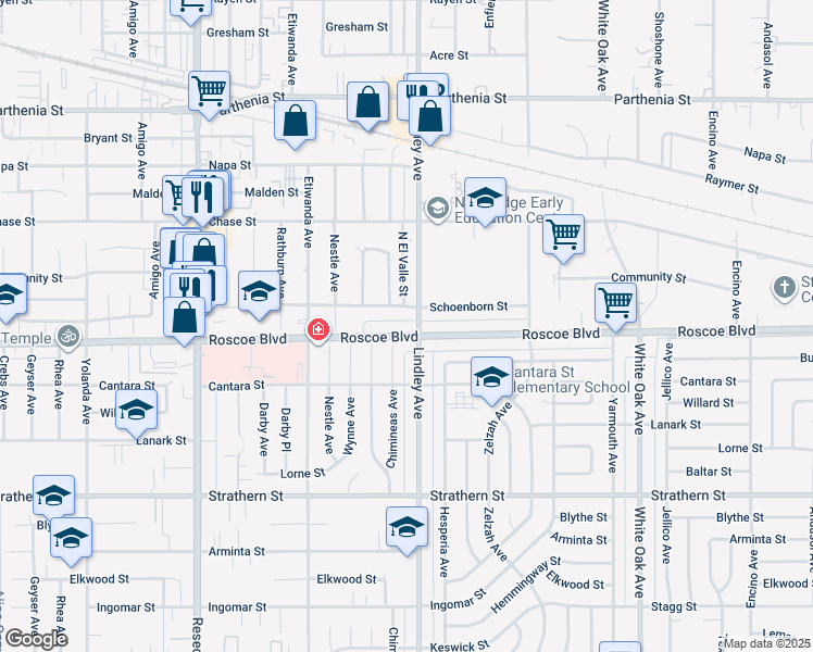 map of restaurants, bars, coffee shops, grocery stores, and more near 18101 Roscoe Boulevard in Los Angeles