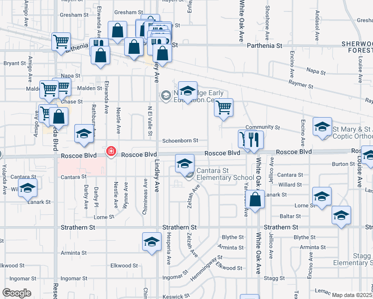 map of restaurants, bars, coffee shops, grocery stores, and more near 18007 Roscoe Boulevard in Los Angeles