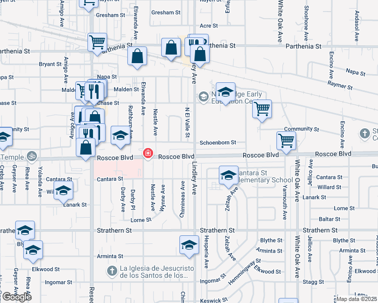 map of restaurants, bars, coffee shops, grocery stores, and more near 18101 Roscoe Boulevard in Los Angeles