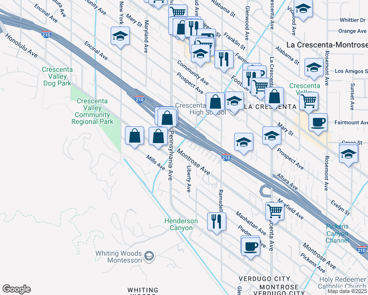 map of restaurants, bars, coffee shops, grocery stores, and more near in Glendale