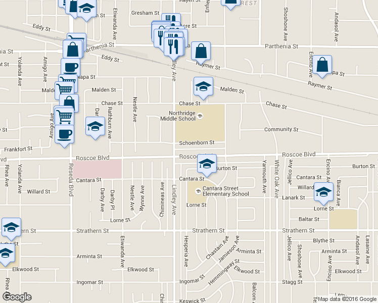 map of restaurants, bars, coffee shops, grocery stores, and more near 18007 Roscoe Boulevard in Los Angeles