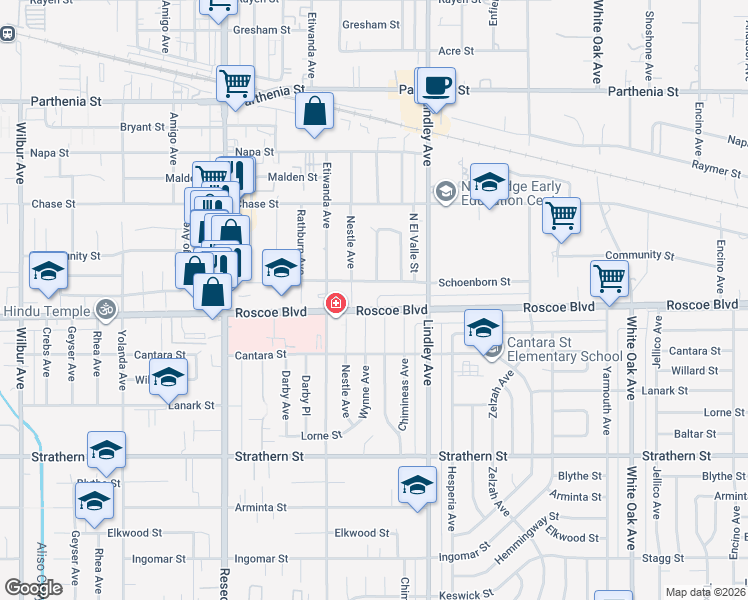 map of restaurants, bars, coffee shops, grocery stores, and more near 18205 Roscoe Boulevard in Los Angeles
